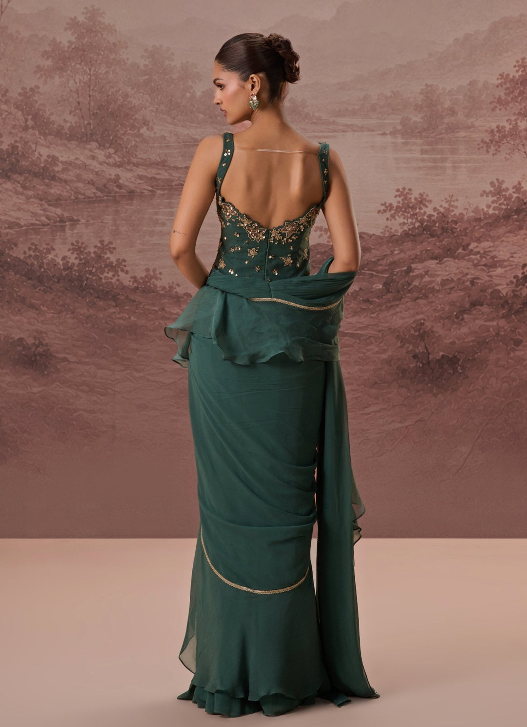 Parul Gandhi Green Predraped Georgette Saree With Corset BlouseFabilicious Fashion