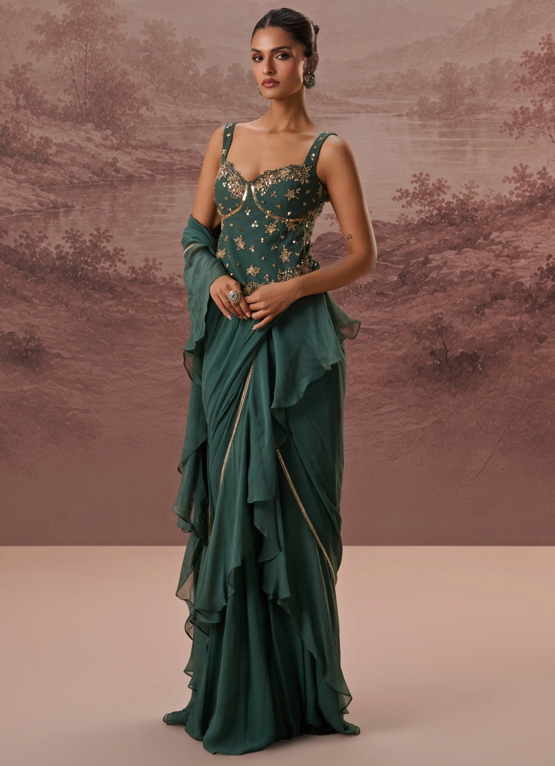 Parul Gandhi Green Predraped Georgette Saree With Corset BlouseFabilicious Fashion