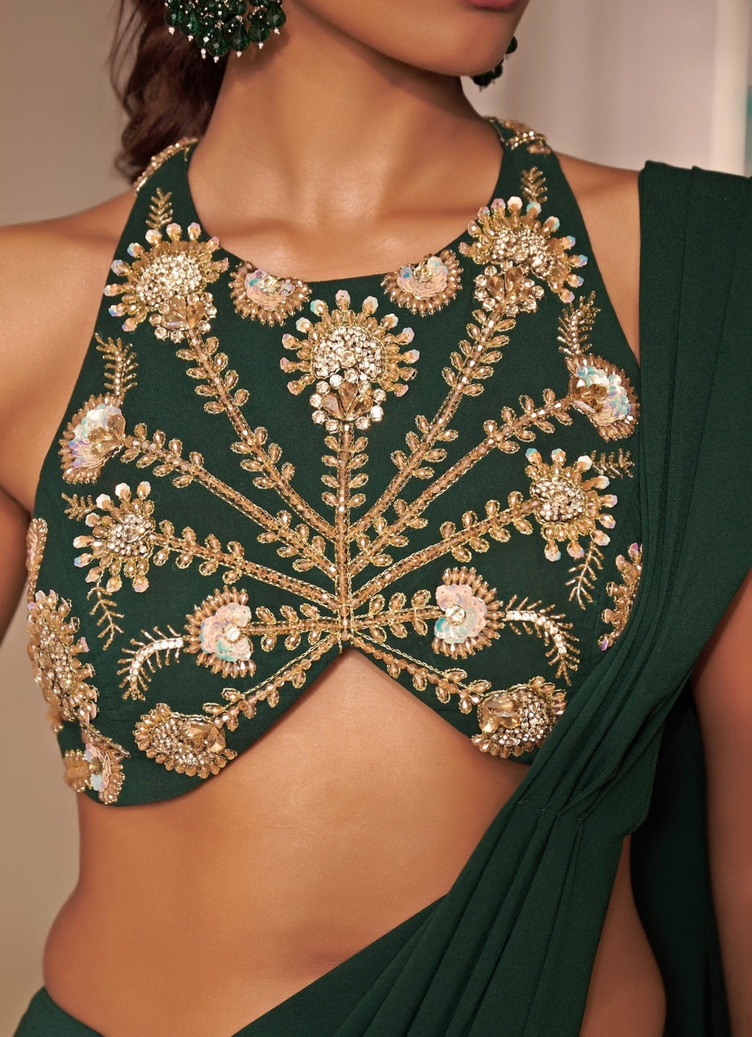 Green Predraped Saree Set With Embroidered Halter Blouse Rashika Sharma - Fabilicious Fashion