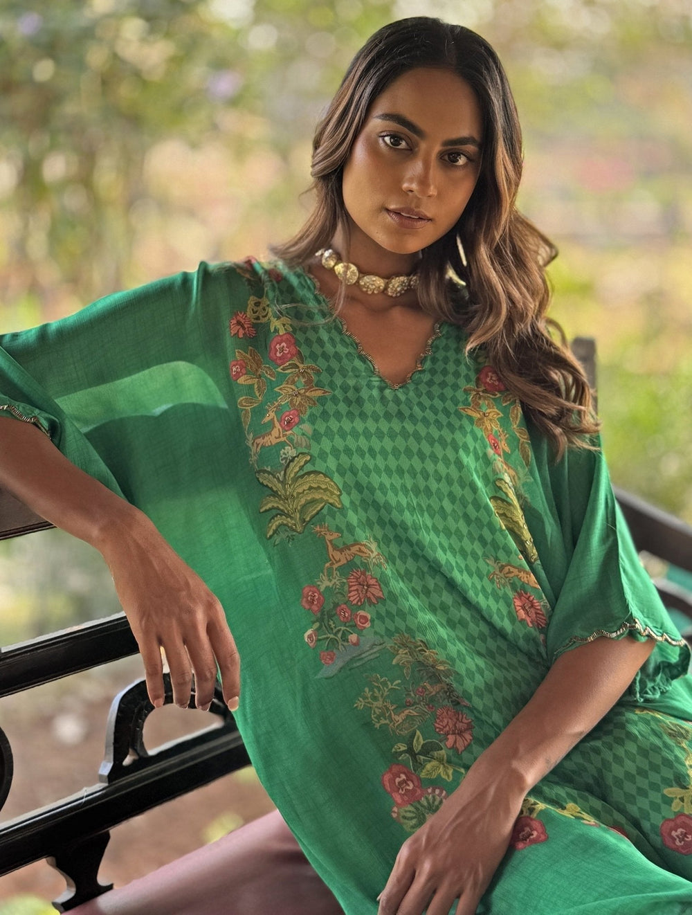Green Printed Asymmetrical Kurta Pant Set Basil Leaf - Fabilicious Fashion