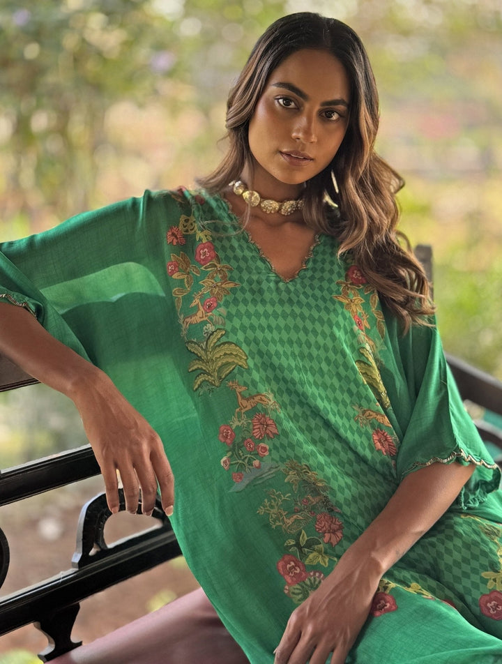 Green Printed Asymmetrical Kurta Pant Set Basil Leaf - Fabilicious Fashion