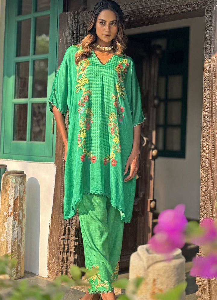 Green Printed Asymmetrical Kurta Pant Set Basil Leaf - Fabilicious Fashion