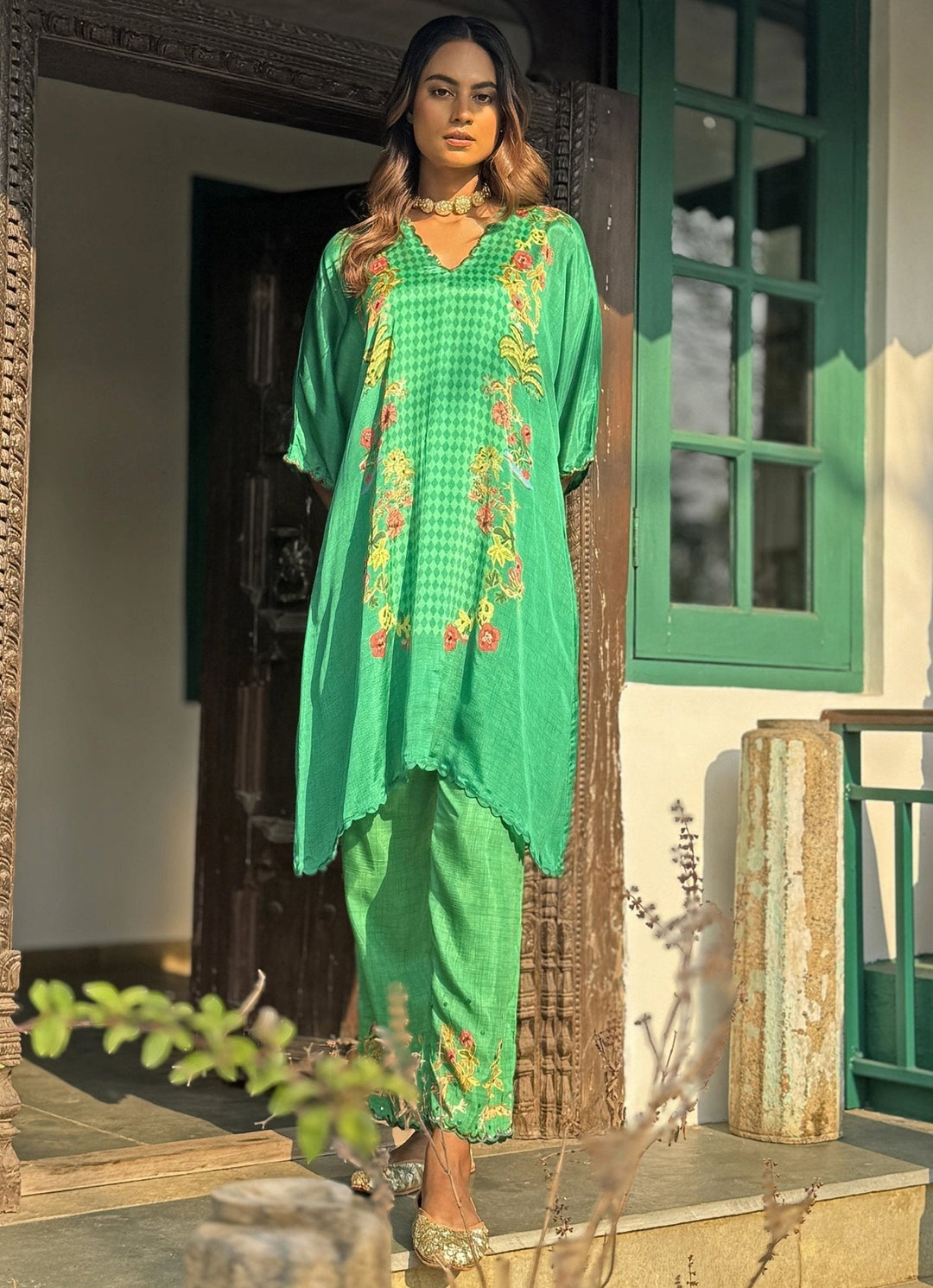 Green Printed Asymmetrical Kurta Pant Set Basil Leaf - Fabilicious Fashion