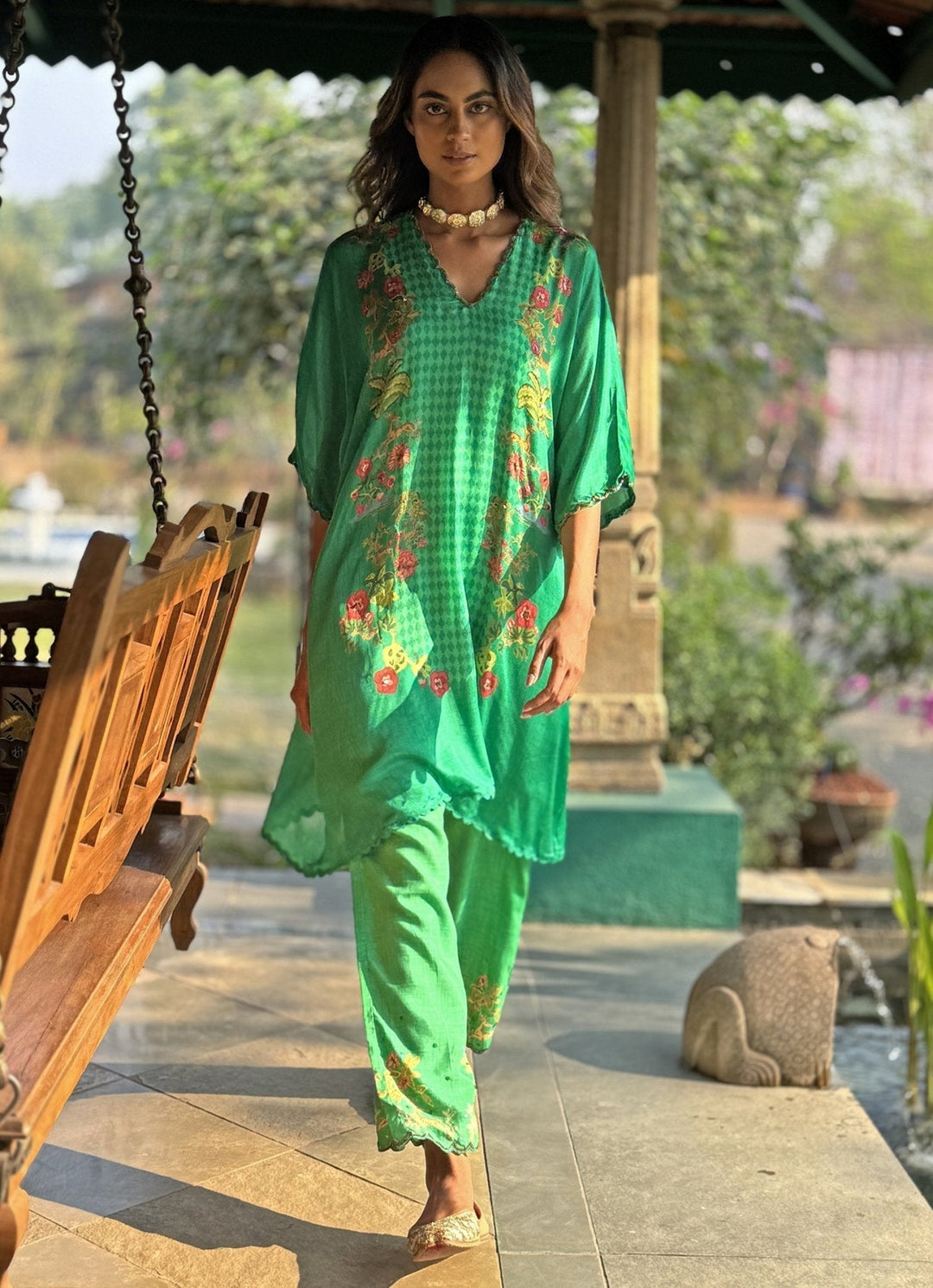 Green Printed Asymmetrical Kurta Pant Set Basil Leaf - Fabilicious Fashion