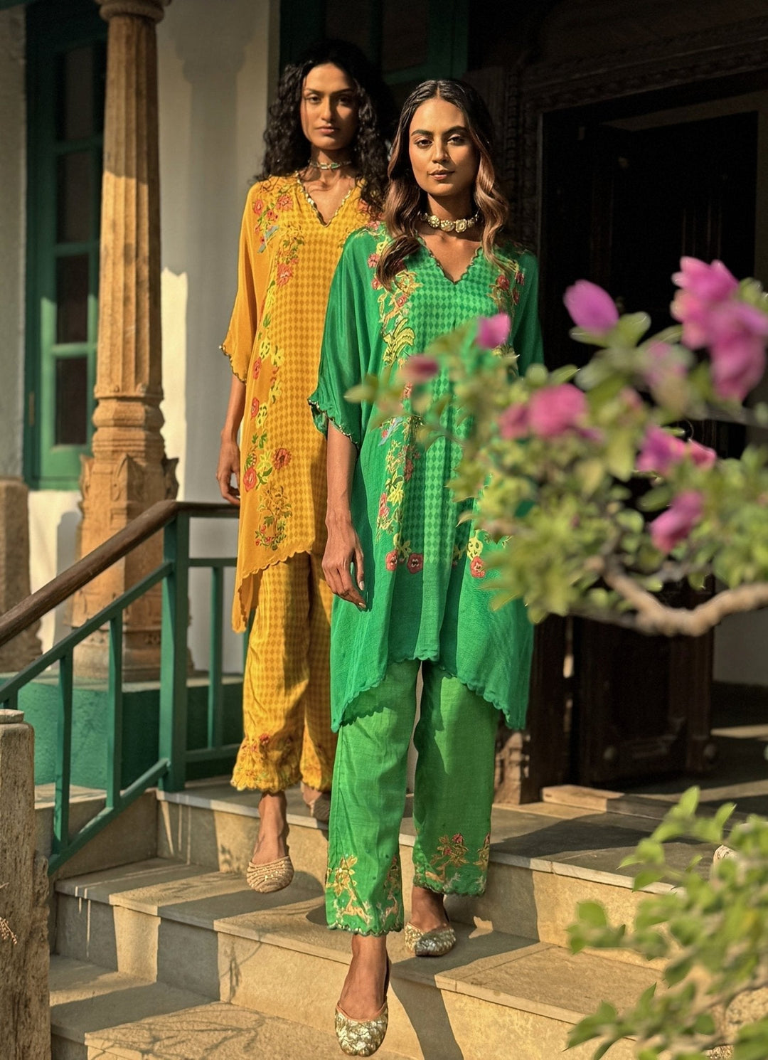 Green Printed Asymmetrical Kurta Pant Set Basil Leaf - Fabilicious Fashion