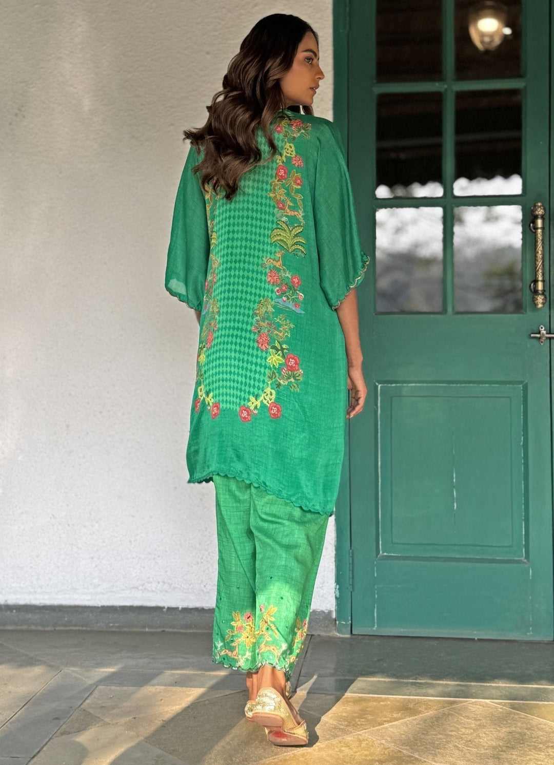 Green Printed Asymmetrical Kurta Pant Set Basil Leaf - Fabilicious Fashion