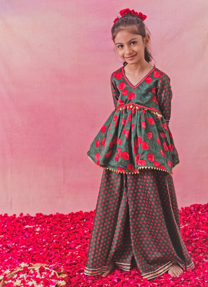 Chotibuti Green Printed Chanderi Peplum Sharara SetFabilicious Fashion