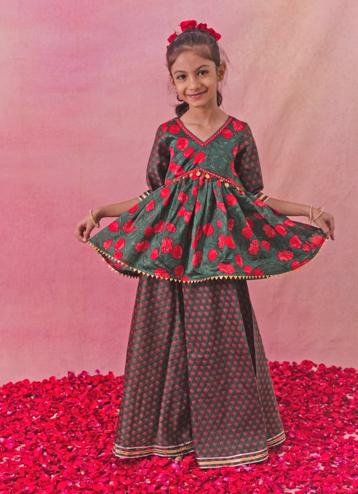 Chotibuti Green Printed Chanderi Peplum Sharara SetFabilicious Fashion