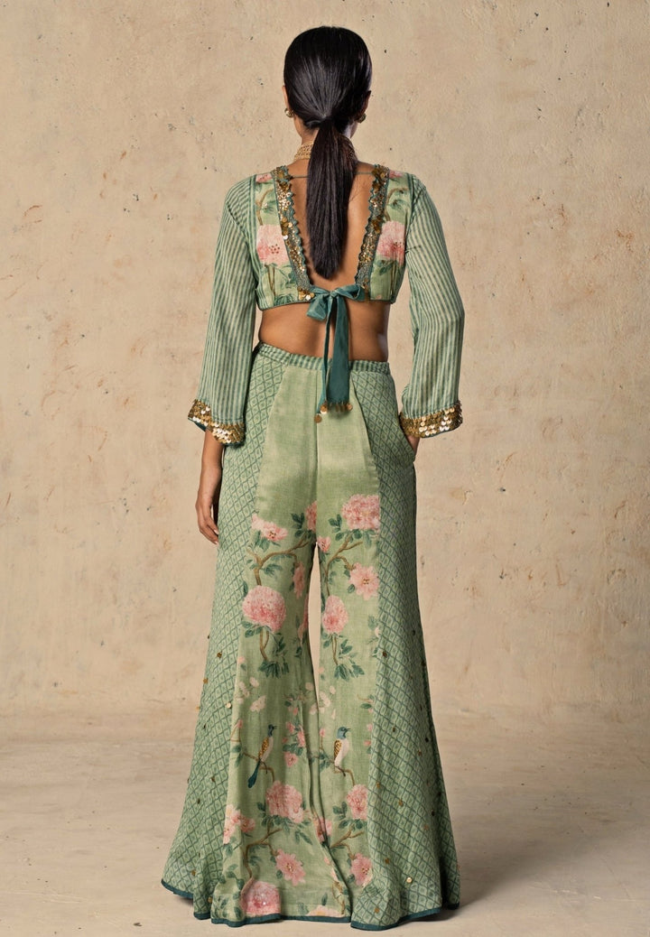Basil Leaf Green Printed Chiffon Blouse Palazzo SetFabilicious Fashion
