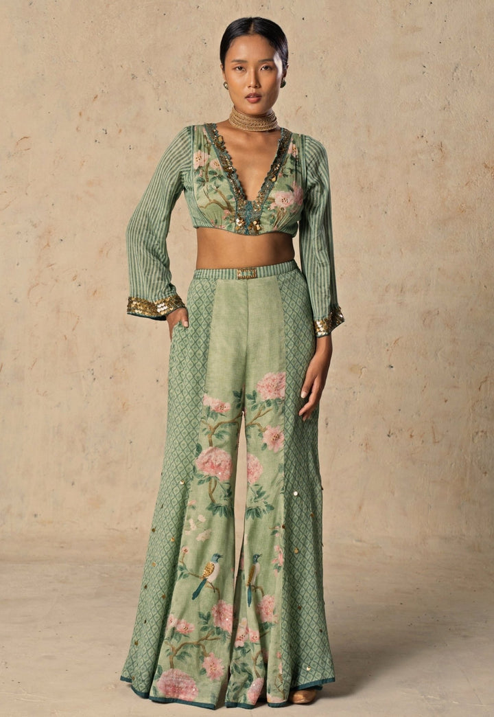 Basil Leaf Green Printed Chiffon Blouse Palazzo SetFabilicious Fashion