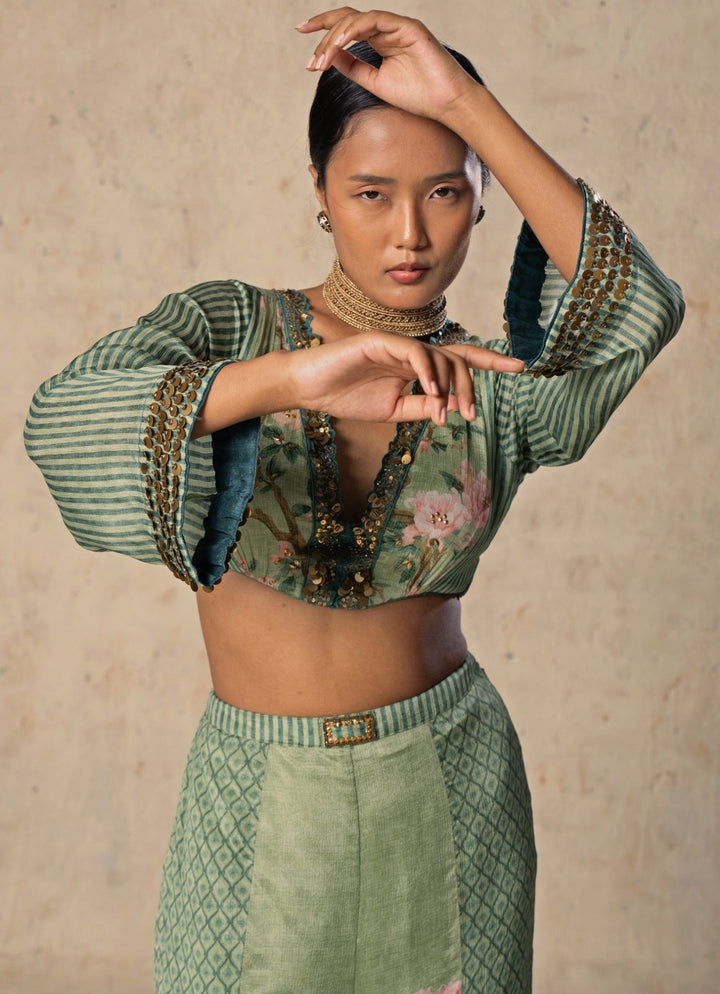 Basil Leaf Green Printed Chiffon Blouse Palazzo SetFabilicious Fashion