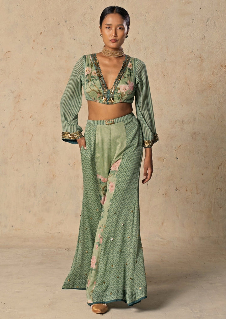 Basil Leaf Green Printed Chiffon Blouse Palazzo SetFabilicious Fashion