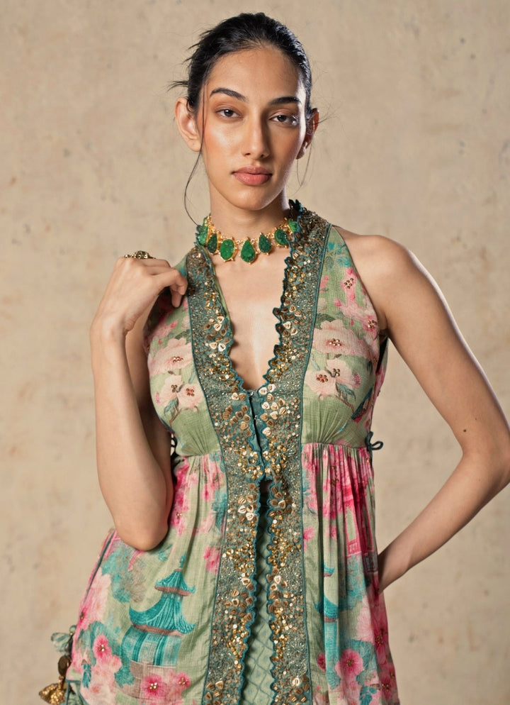 Basil Leaf Green Printed Chiffon Pants SetFabilicious Fashion