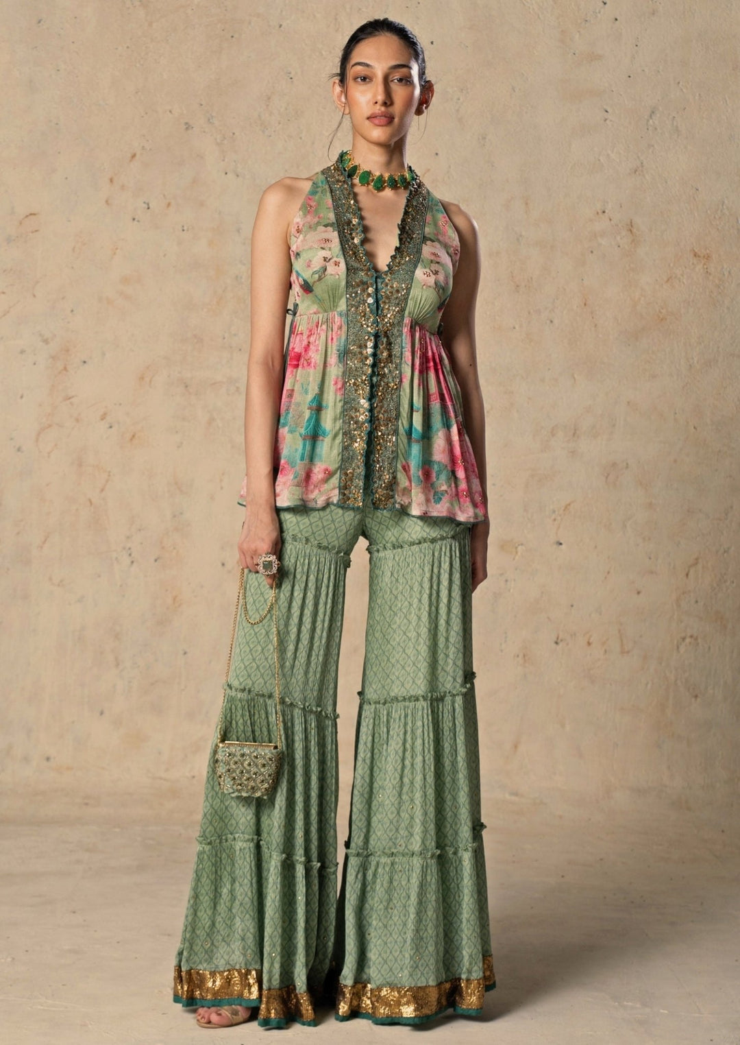 Basil Leaf Green Printed Chiffon Pants SetFabilicious Fashion