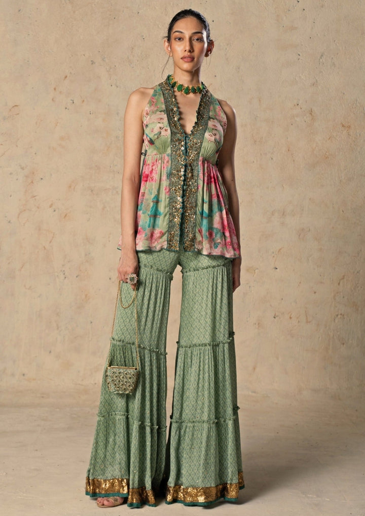 Basil Leaf Green Printed Chiffon Pants SetFabilicious Fashion