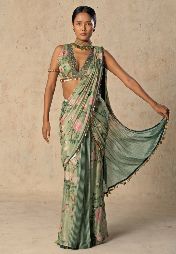 Basil Leaf Green Printed Chiffon Pre-Draped SareeFabilicious Fashion