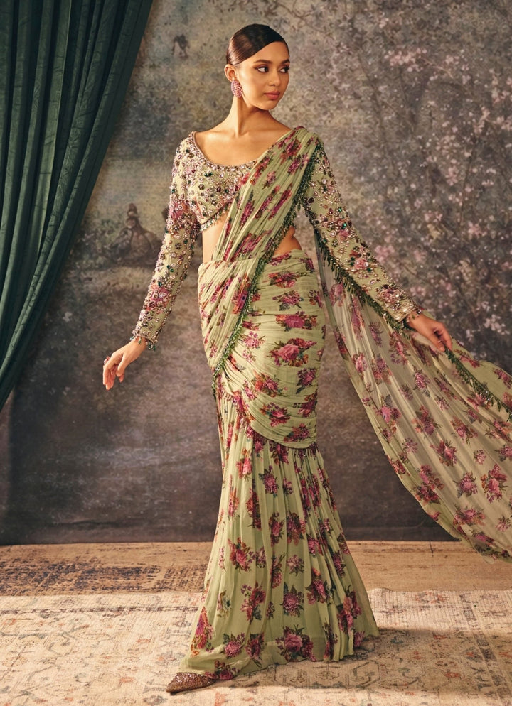 Green Printed Chiffon Pre - Draped Saree Mani Bhatia - Fabilicious Fashion