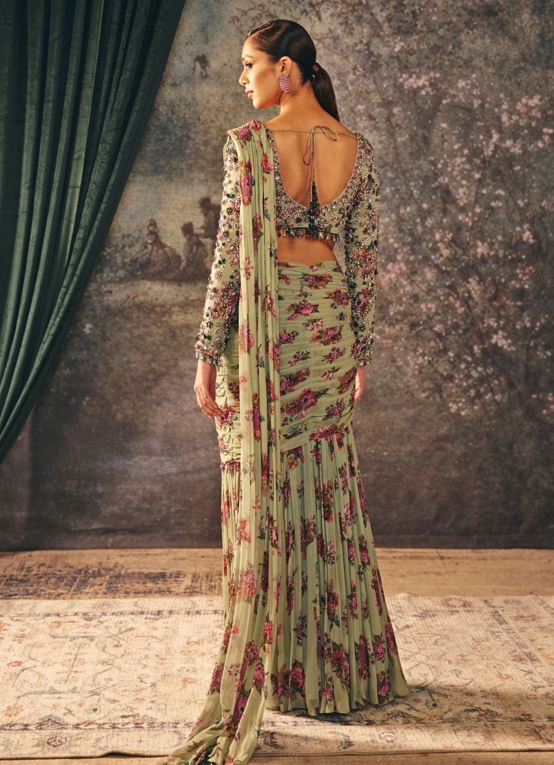 Green Printed Chiffon Pre - Draped Saree Mani Bhatia - Fabilicious Fashion