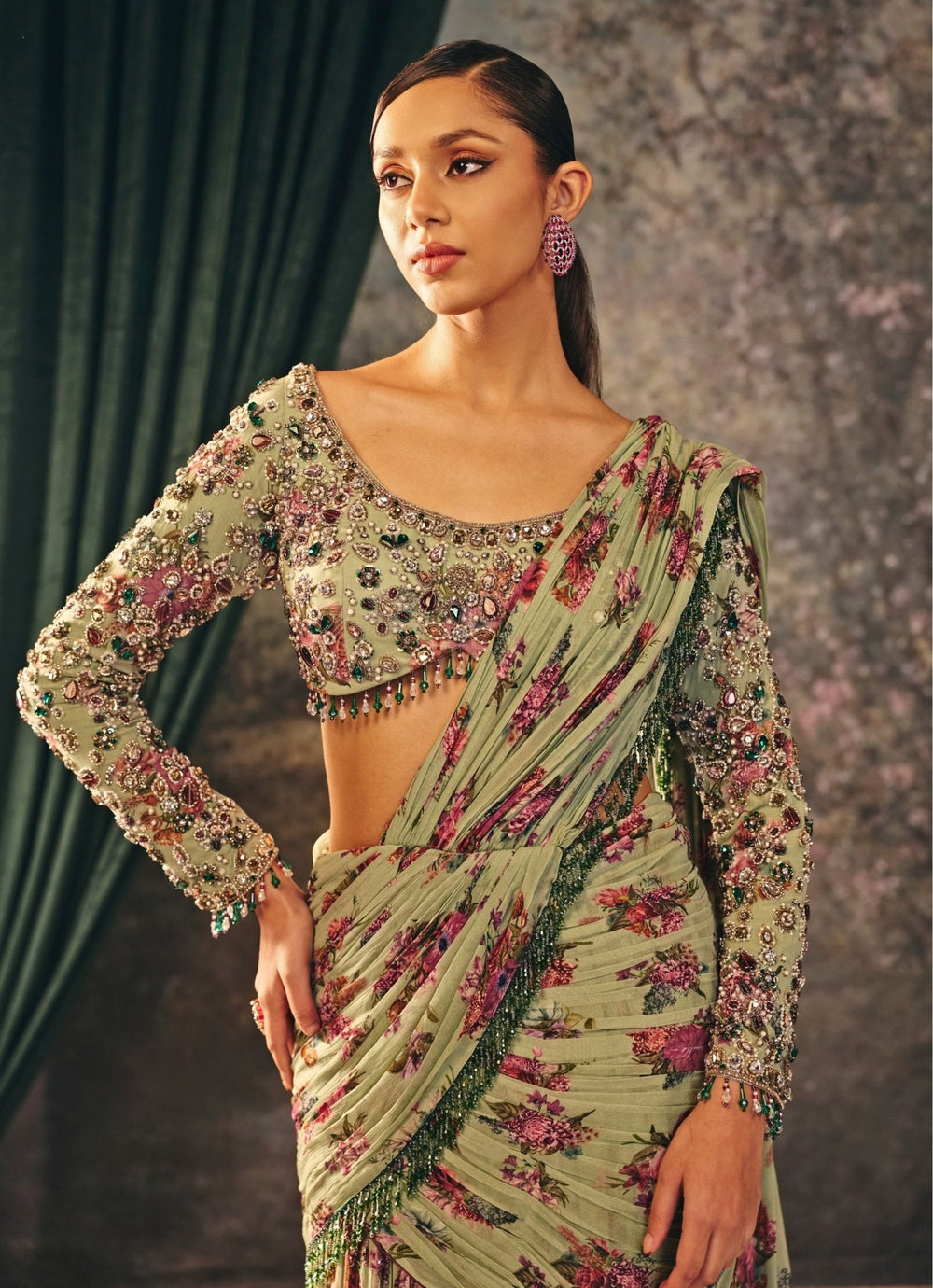 Green Printed Chiffon Pre - Draped Saree Mani Bhatia - Fabilicious Fashion