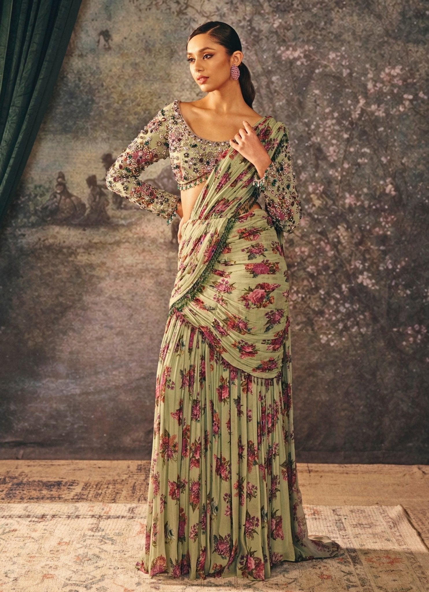 green pastel chiffon saree reception guest outfit