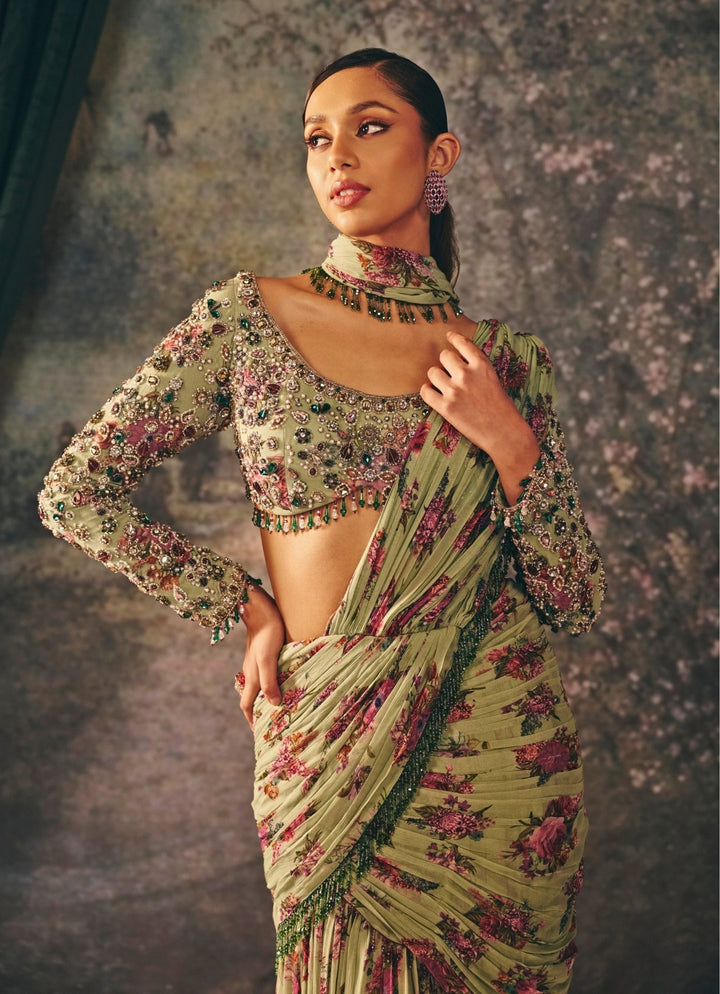 Green Printed Chiffon Pre - Draped Saree Mani Bhatia - Fabilicious Fashion