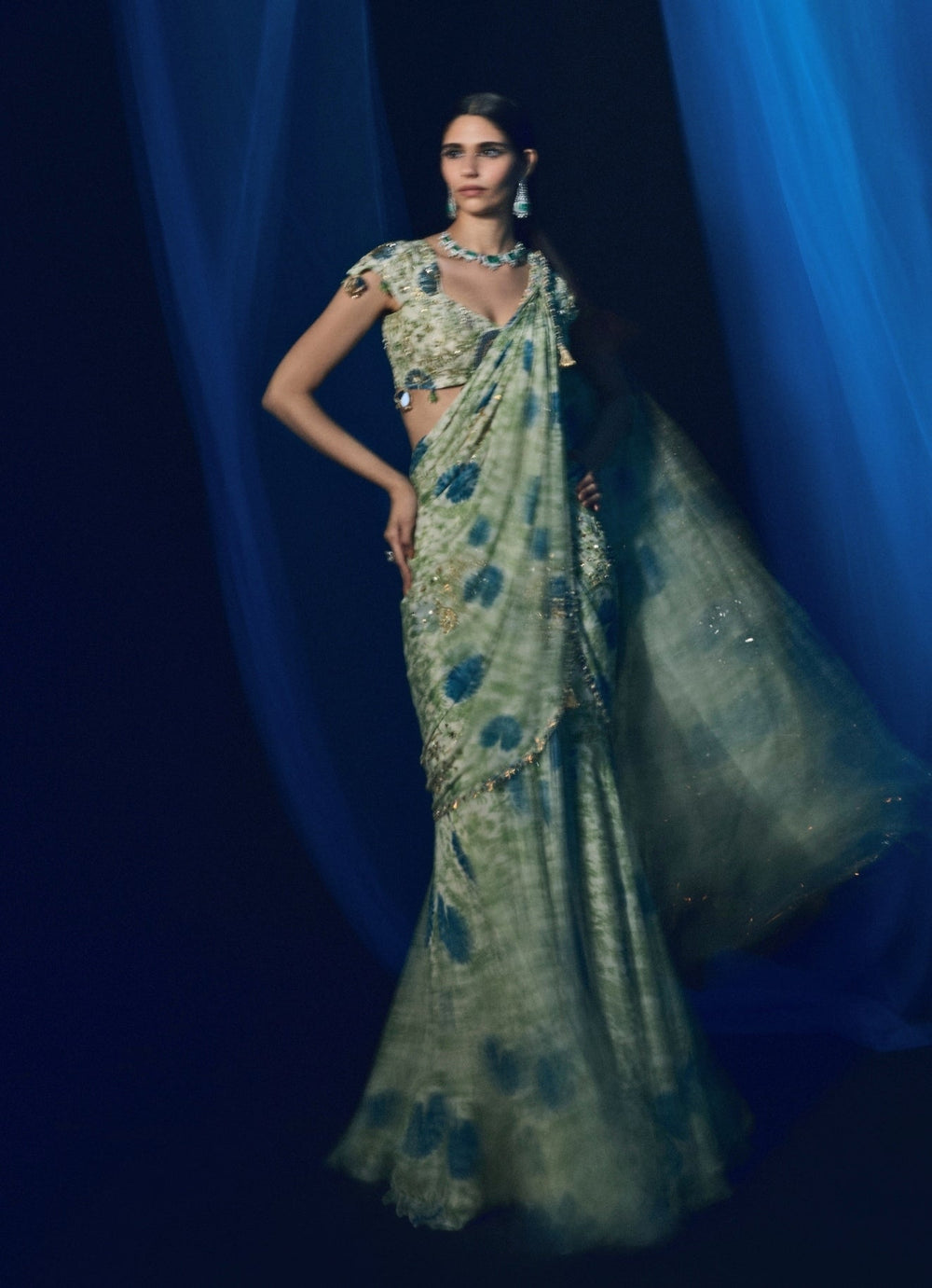 Green Printed Chinon Pre - Draped Saree Set Juhi Bengani - Fabilicious Fashion