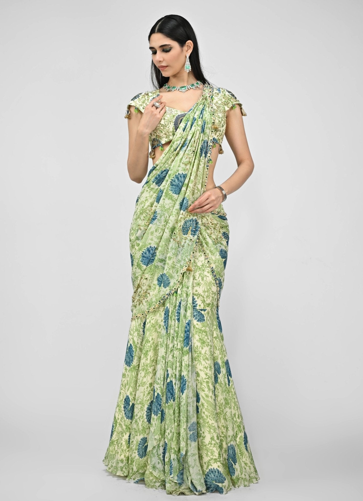 green chinon predraped saree mehendi wedding guest outfit