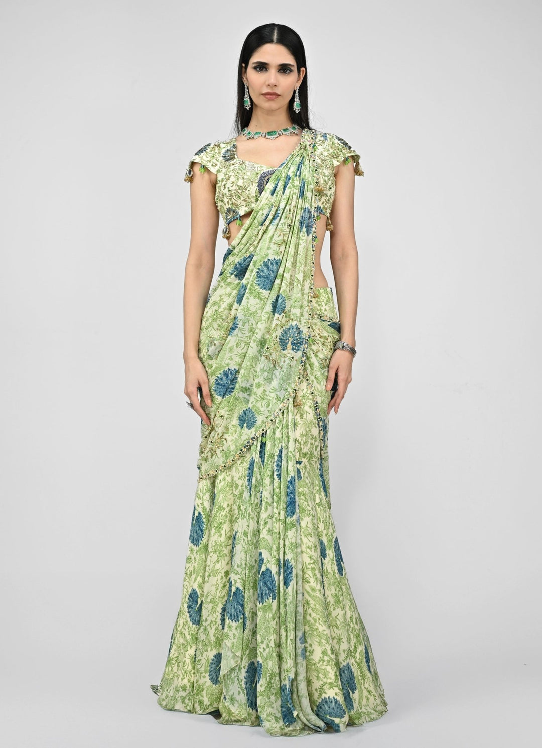 Green Printed Chinon Pre - Draped Saree Set Juhi Bengani - Fabilicious Fashion