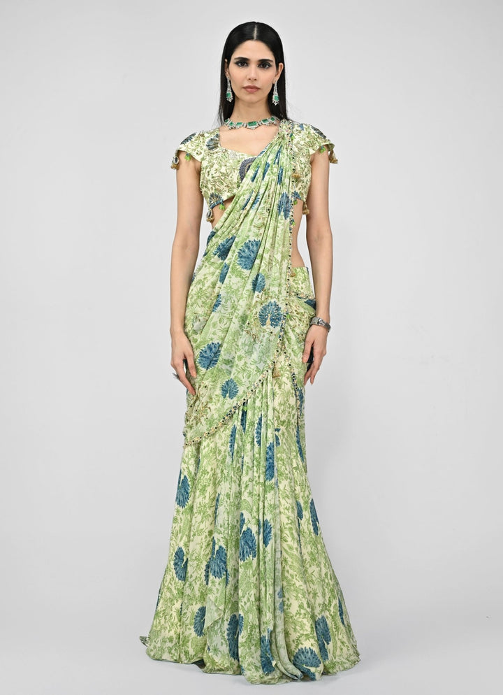 Green Printed Chinon Pre - Draped Saree Set Juhi Bengani - Fabilicious Fashion