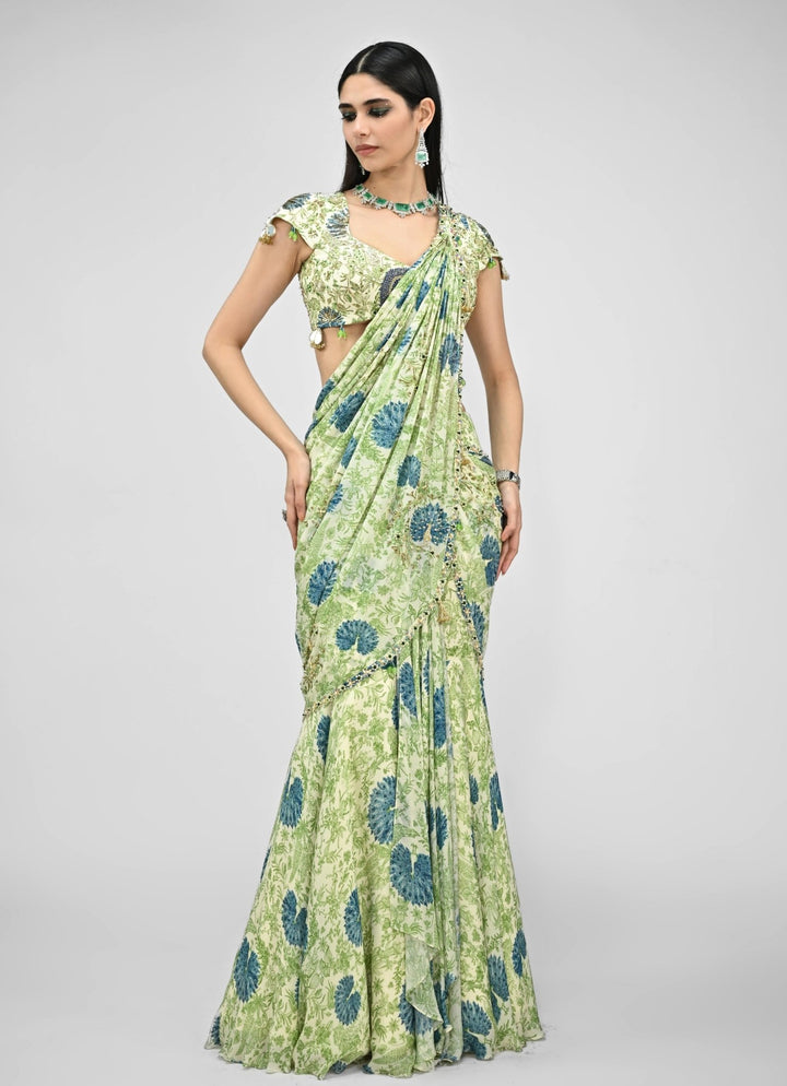 Green Printed Chinon Pre - Draped Saree Set Juhi Bengani - Fabilicious Fashion