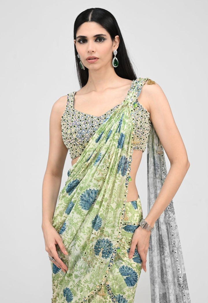 Green Printed Chinon Pre - Draped Saree With Embroidered Blouse Juhi Bengani - Fabilicious Fashion