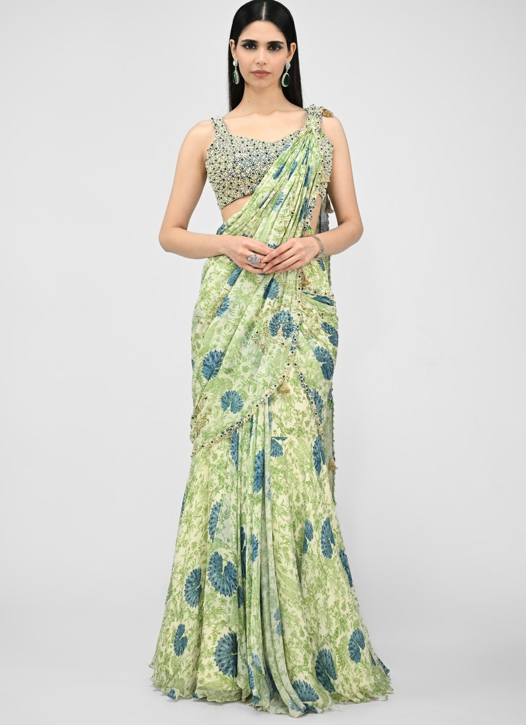 Green Printed Chinon Pre - Draped Saree With Embroidered Blouse Juhi Bengani - Fabilicious Fashion