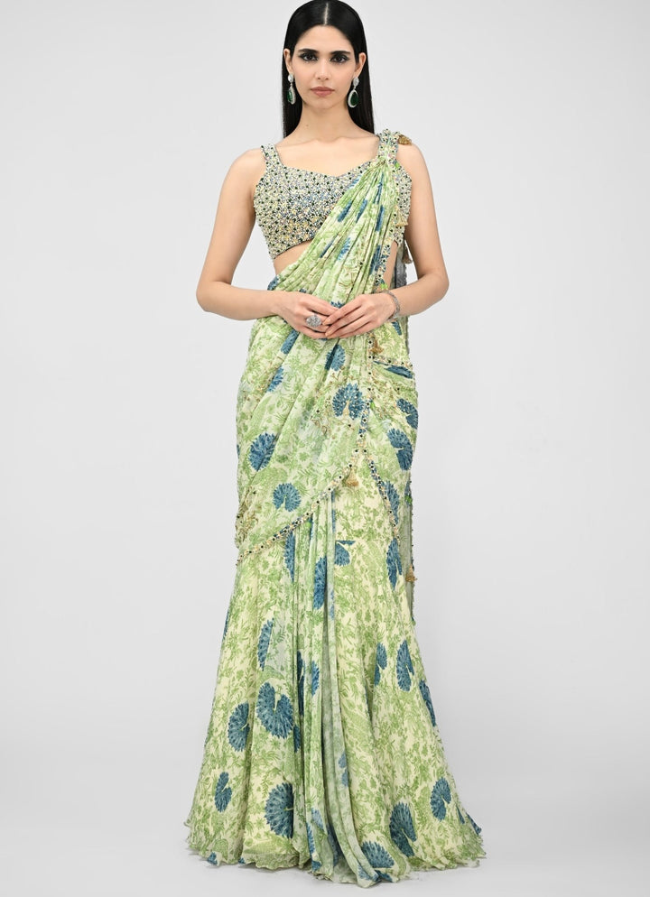 Green Printed Chinon Pre - Draped Saree With Embroidered Blouse Juhi Bengani - Fabilicious Fashion