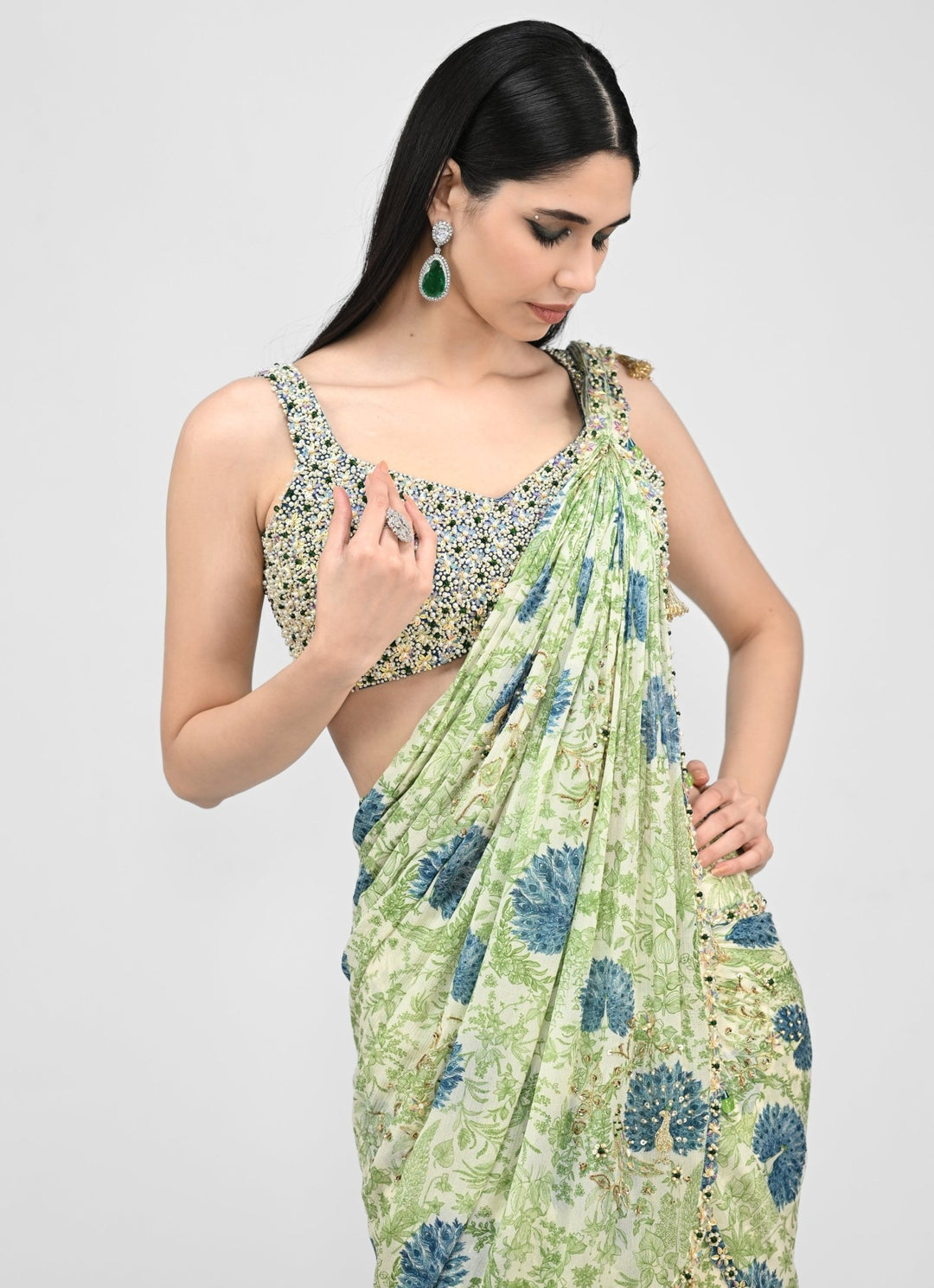 Green Printed Chinon Pre - Draped Saree With Embroidered Blouse Juhi Bengani - Fabilicious Fashion
