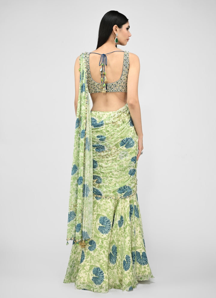Green Printed Chinon Pre - Draped Saree With Embroidered Blouse Juhi Bengani - Fabilicious Fashion