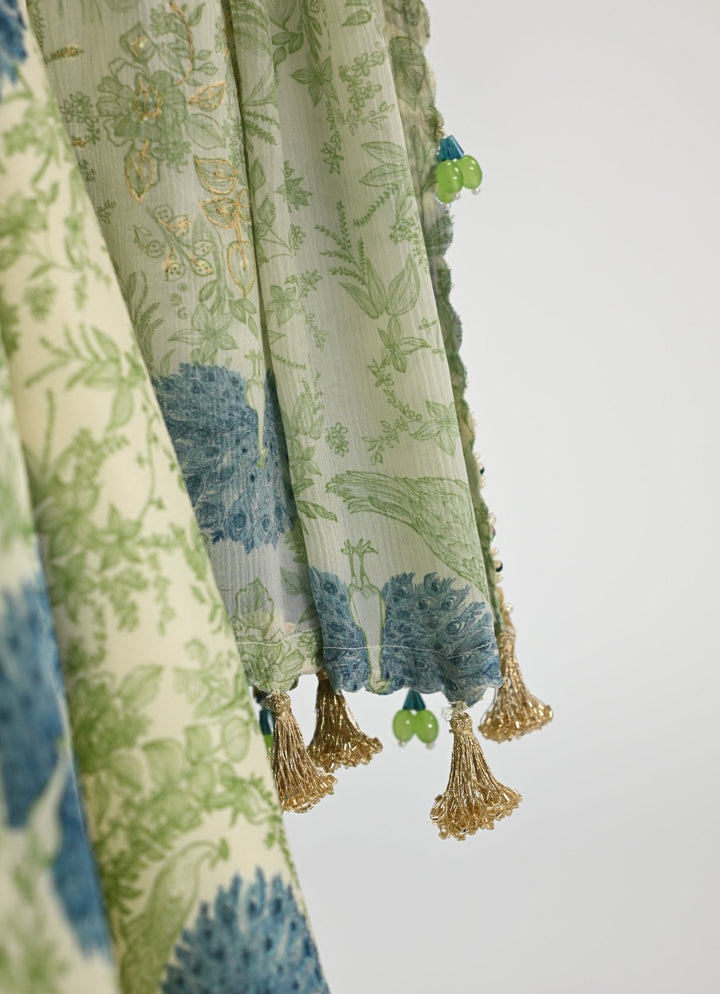 Green Printed Chinon Pre - Draped Saree With Embroidered Blouse Juhi Bengani - Fabilicious Fashion