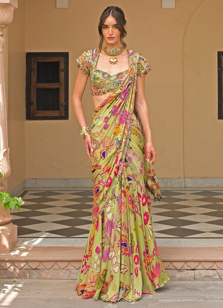 Juhi Bengani Green Printed Chinon Pre - Draped SareeFabilicious Fashion