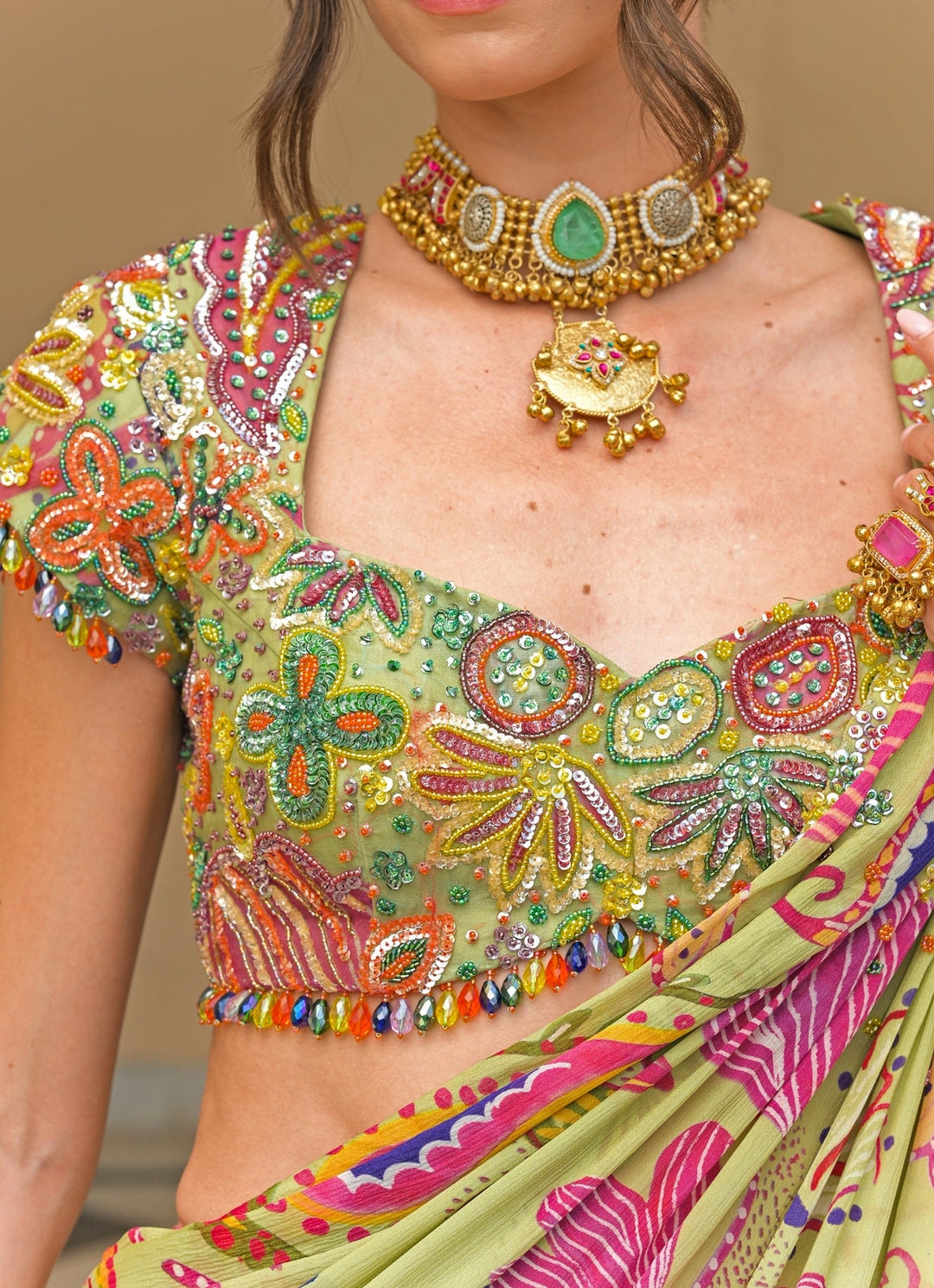 Juhi Bengani Green Printed Chinon Pre - Draped SareeFabilicious Fashion