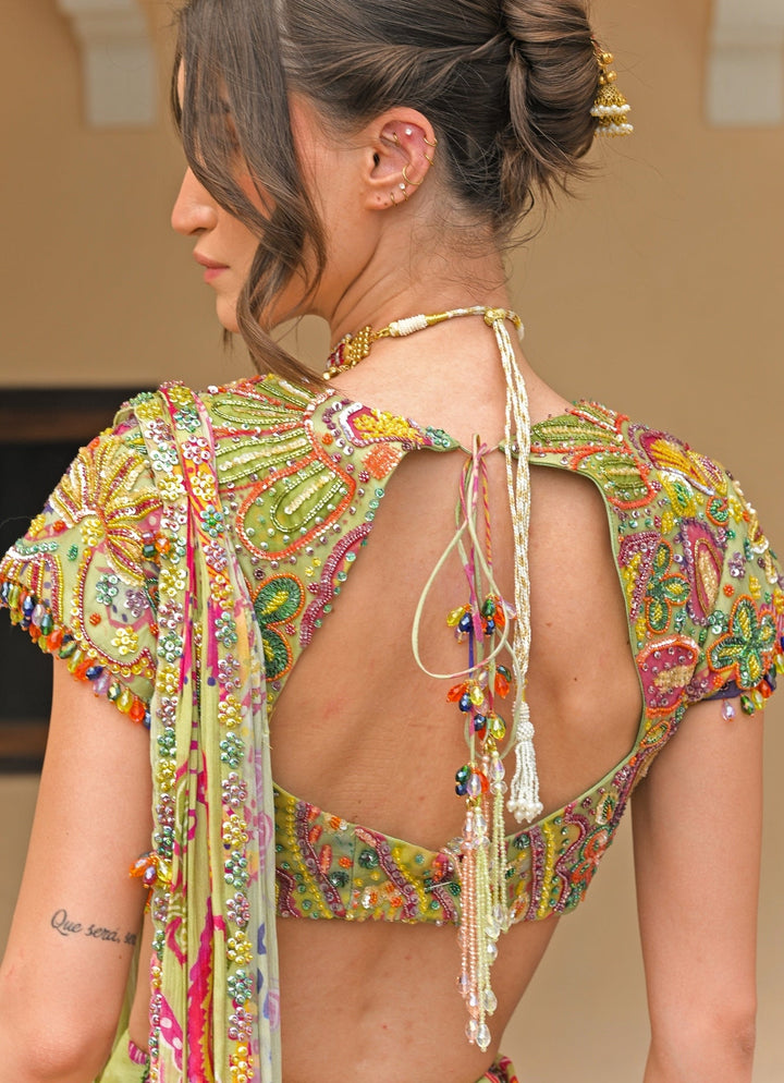 Juhi Bengani Green Printed Chinon Pre - Draped SareeFabilicious Fashion