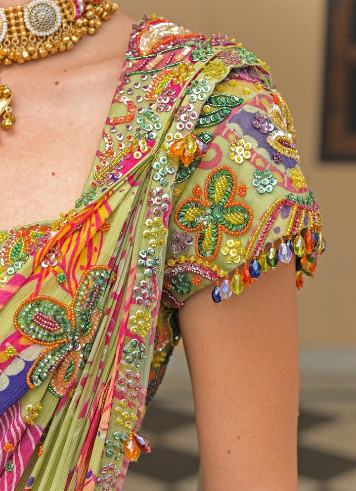 Juhi Bengani Green Printed Chinon Pre - Draped SareeFabilicious Fashion