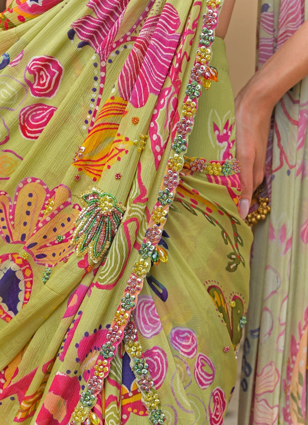 Juhi Bengani Green Printed Chinon Pre - Draped SareeFabilicious Fashion