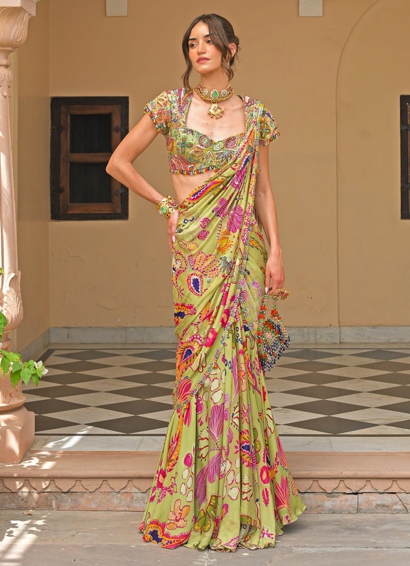 Green printed chinon pre-draped saree by Juhi Bengani for mehendi or daytime wedding