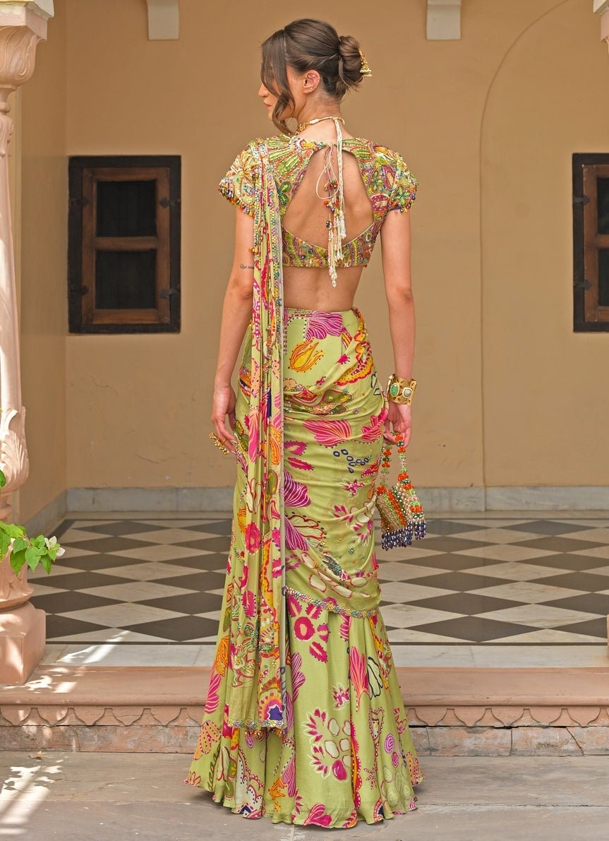 Juhi Bengani Green Printed Chinon Pre - Draped SareeFabilicious Fashion