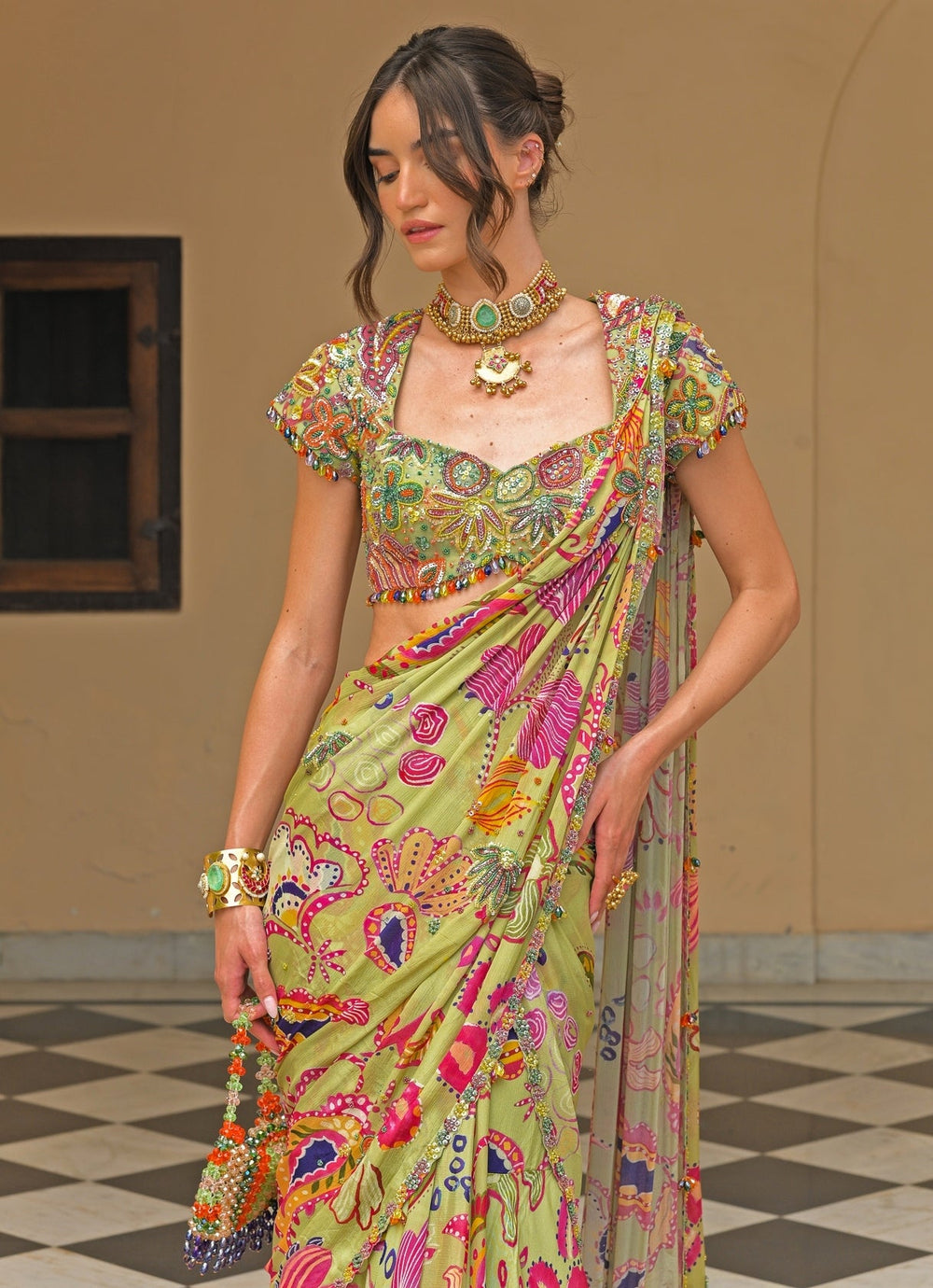 Green Printed Chinon Pre - Draped Saree Juhi Bengani - Fabilicious Fashion