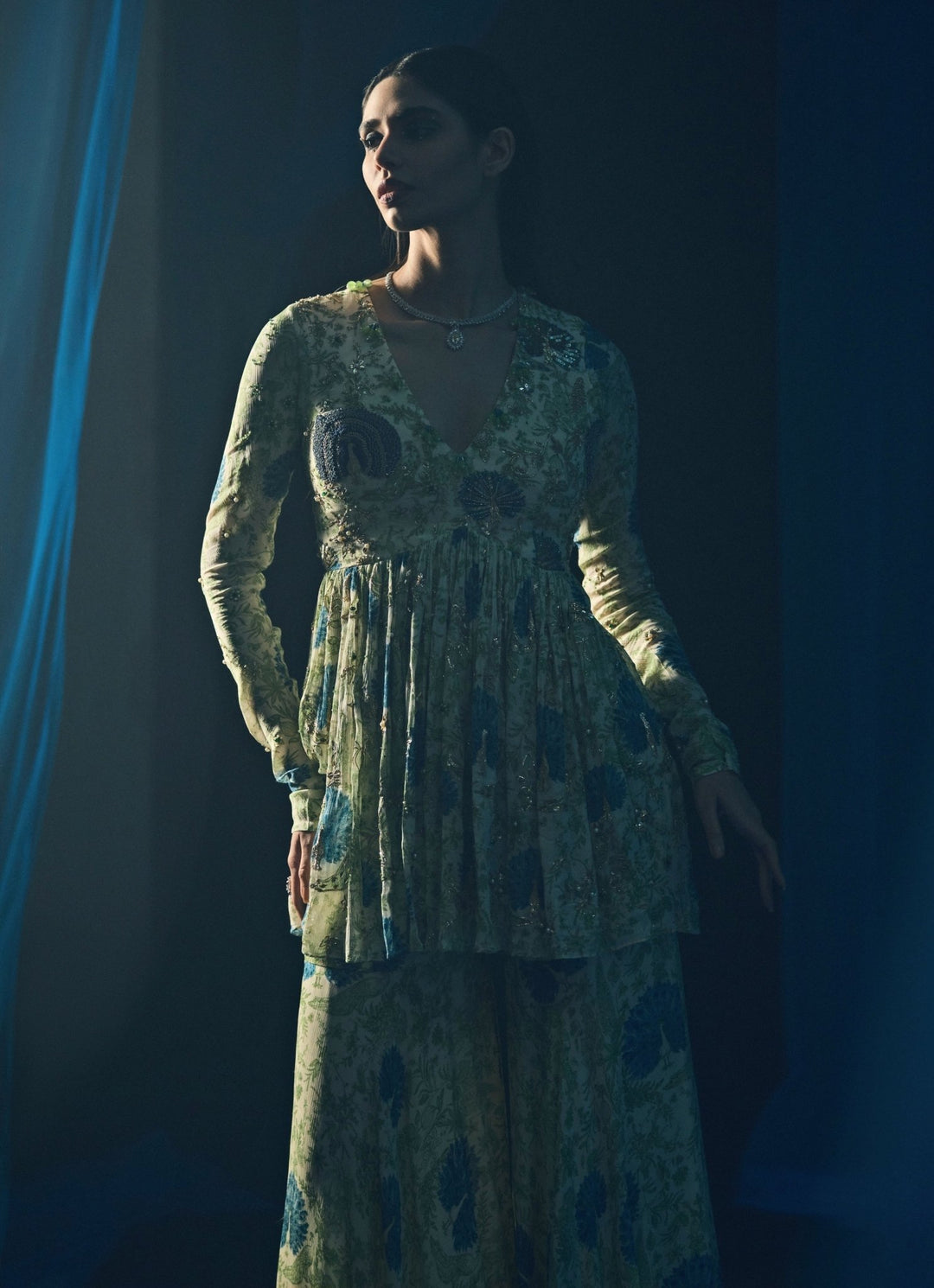 Green Printed Chinon Sharara Set With Blue Dupatta Juhi Bengani - Fabilicious Fashion