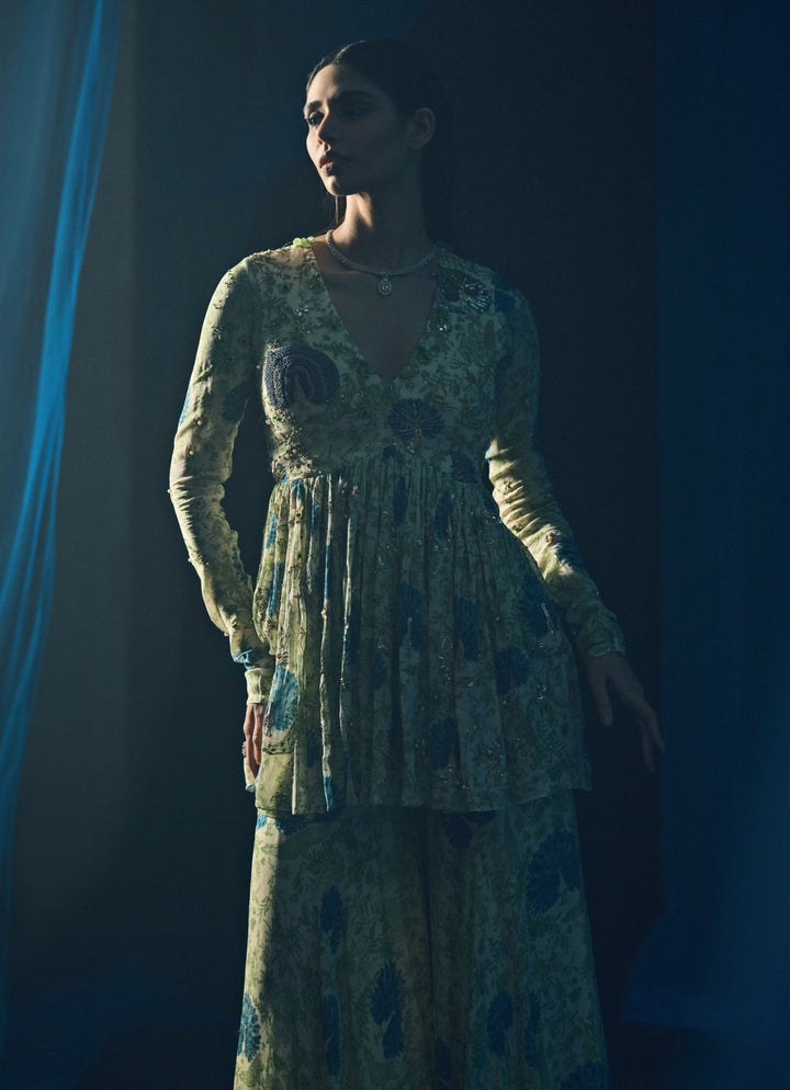 Green Printed Chinon Sharara Set With Blue Dupatta Juhi Bengani - Fabilicious Fashion