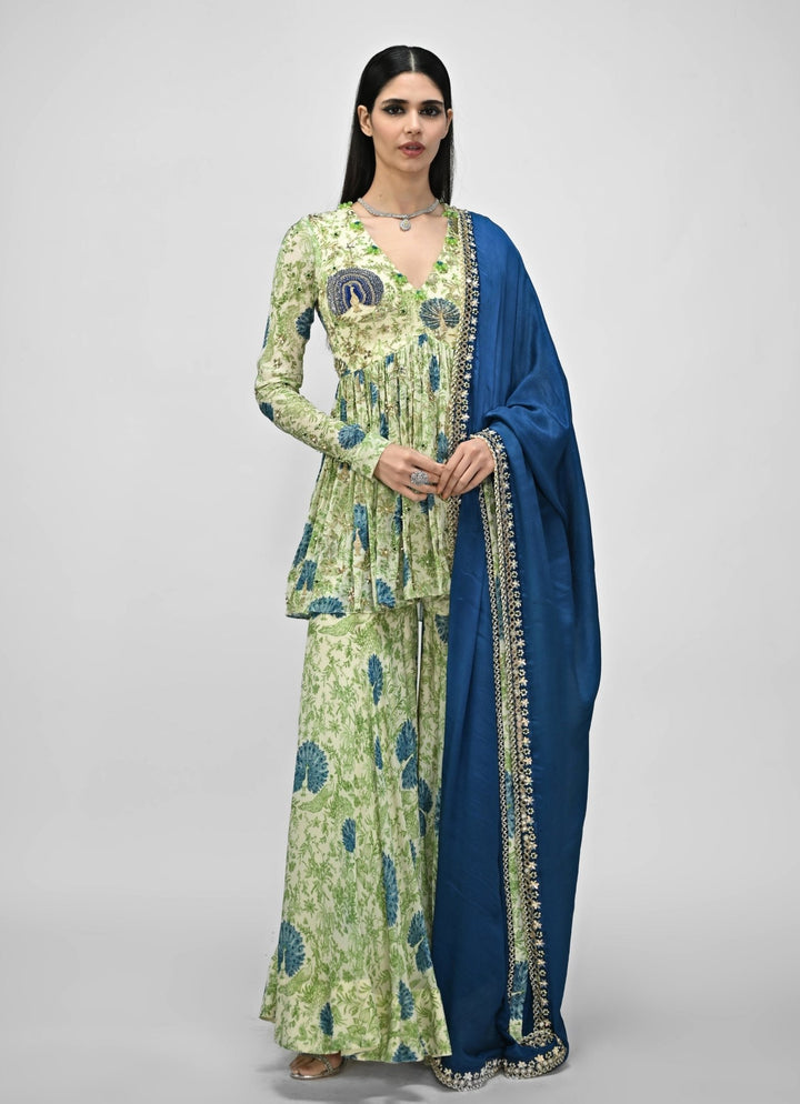 Green Printed Chinon Sharara Set With Contrasting Embroidered Blue Dupatta Juhi Bengani - Fabilicious Fashion