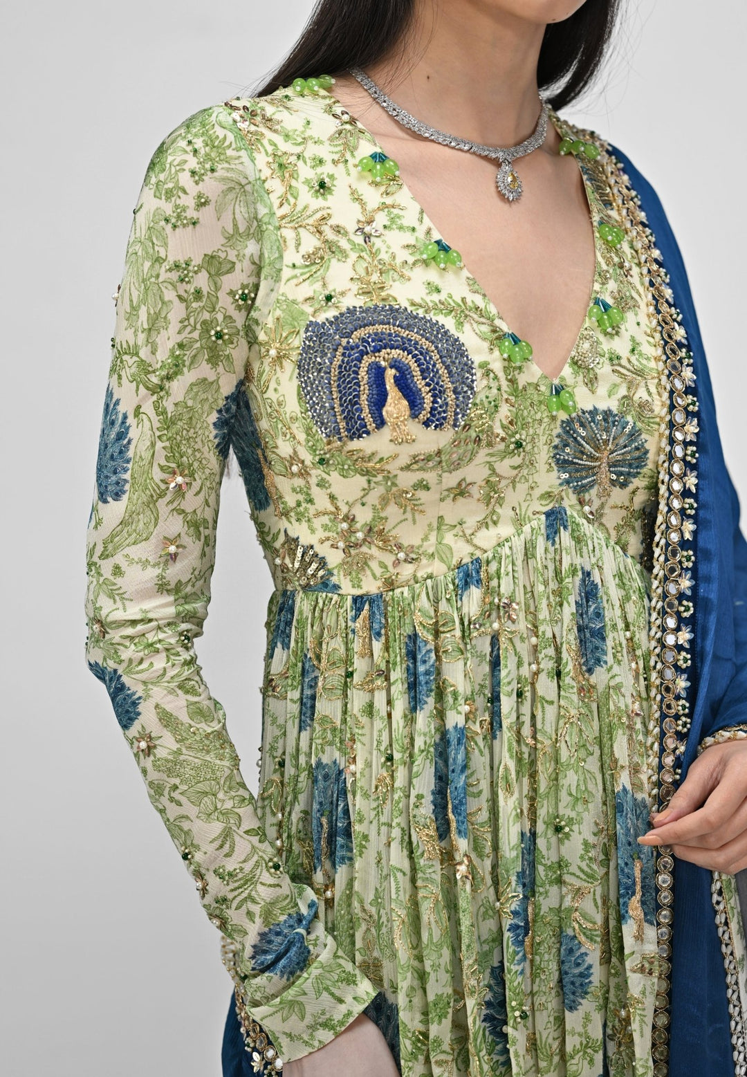 Green Printed Chinon Sharara Set With Contrasting Embroidered Blue Dupatta Juhi Bengani - Fabilicious Fashion