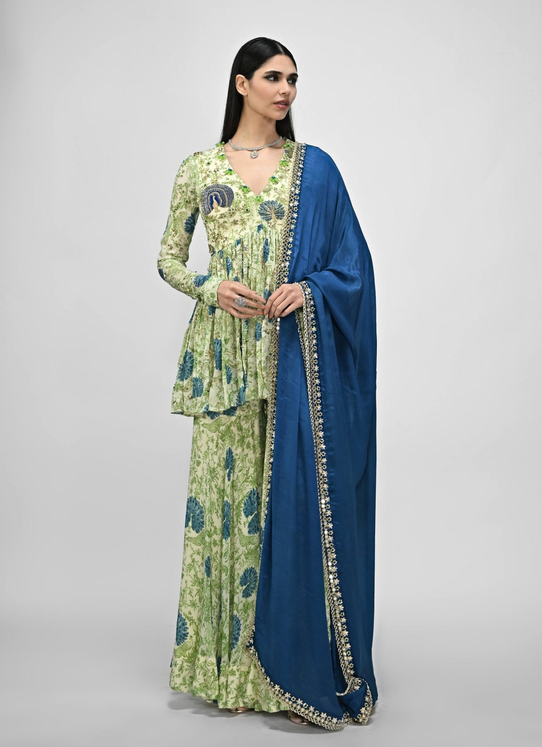 Green Printed Chinon Sharara Set With Contrasting Embroidered Blue Dupatta Juhi Bengani - Fabilicious Fashion