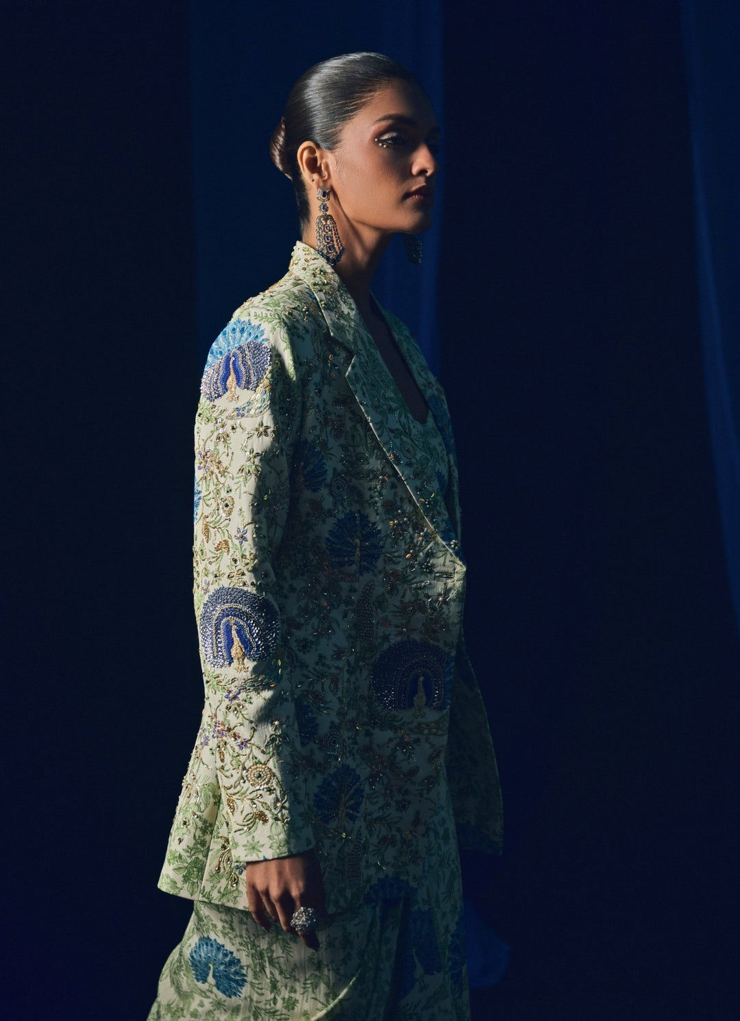 Green Printed Cowl Skirt Set With Blazer Juhi Bengani - Fabilicious Fashion